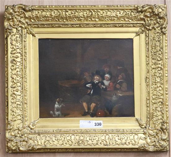 19th century English School, oil on panel, 17th century interior, 25 x 30cm and two colour prints